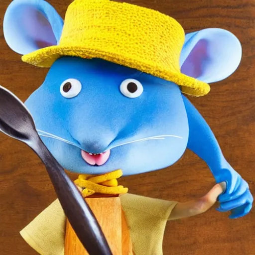 Image similar to blue rat with chef's hat holding a wooden spoon