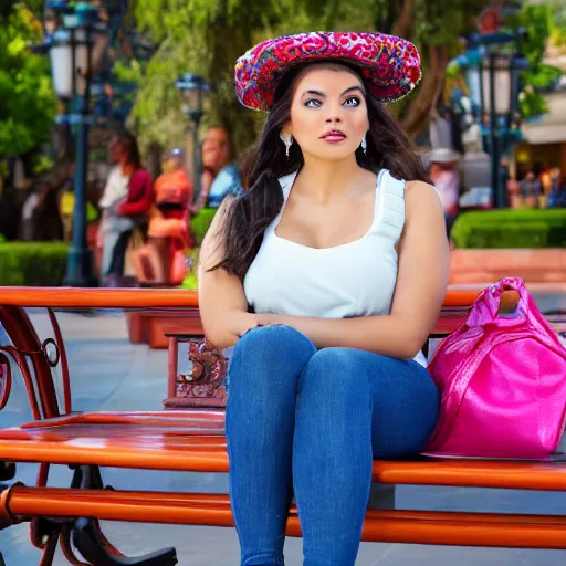 Image similar to beautiful latina female disneyland cast member waiting impatiently on a bench, highly detailed, high resolution, ultra realistic