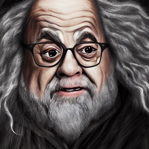 Prompt: portrait danny devito as gandalf, deviantart, smile, ultra realistic