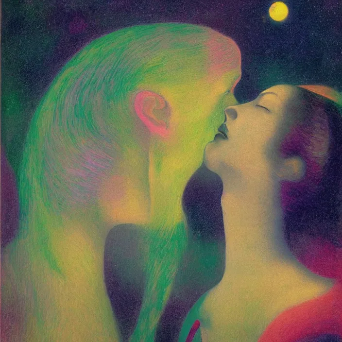 Image similar to close portrait of woman and man kissing. aurora borealis. iridescent, psychedelic colors. painting by balthus, agnes pelton, utamaro, monet