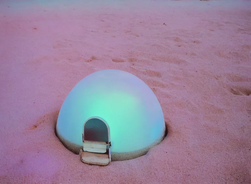 Prompt: a pastel coloured vintage family holiday photo of an empty beach from an alien dreamstate world with chalky pink iridescent!! sand, reflective lavender ocean water, dim bioluminescent plant life and an igloo shaped shiny plastic transparent restaurant next to a looking point. glare. refraction, volumetric light.