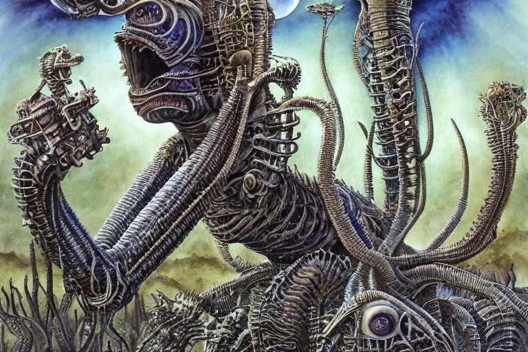 Image similar to a surreal and awe - inspiring science fiction landscape, alien plants and animals, intricate, elegant, uplifting, happy, inspirational, highly detailed watercolor painting by h. r. giger and mark brooks