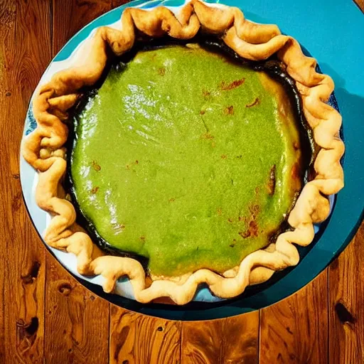 Image similar to photo of a beautiful woman swimming in a giant pie floater, which is a giant pie floating in mushy peas and gravy