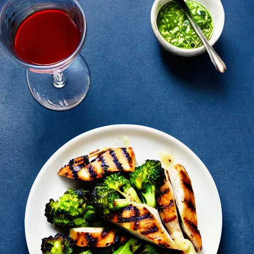 Prompt: Grilled chicken, chimichurri sauce, roasted broccoli, Michelin starred restaurant, award winning photography