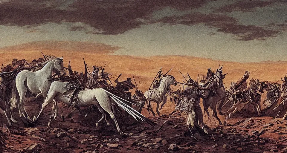 Image similar to a highly detailed riderless white horse wounded heavily by multiple arrows in the aftermath of a battlefield during the islamic era that took place in the middle of the desert with a warrior's sword burried into the ground and burning tents and women covered in black veil seen in the background and the sky is filled with dark red clouds and a red sun, artistic, intricate details, historical, cinematic