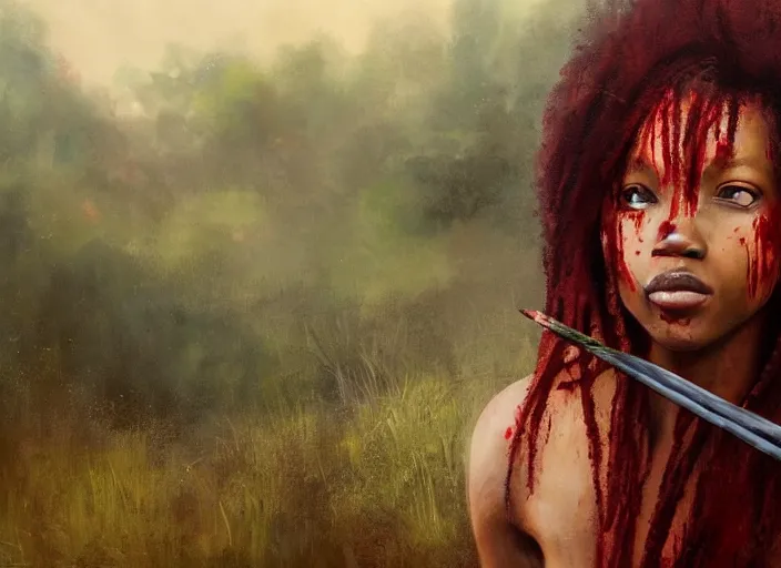 Prompt: landscape, portrait painting beautiful realism, an african girl red hair in wood armor, holding spear, who was sprawled out was about to rise, his face covered in blood. cinematic scene, good lighting, fine art, trending on artstation, smooth draw, sharp focus.