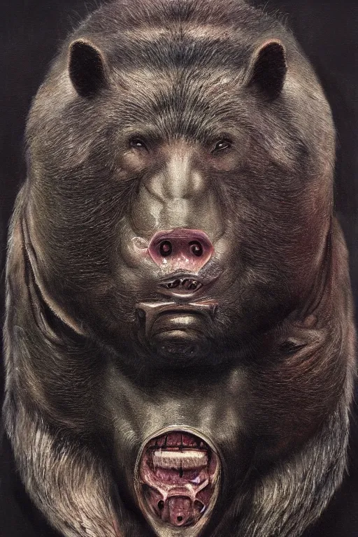 Image similar to half man half bear half pig, dark fantasy, painted by zdizslaw beksinsky and H.R. Giger, trending on artstation,