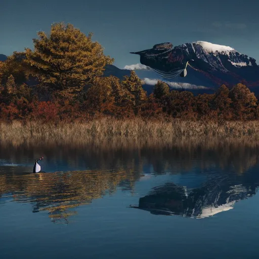 Image similar to photo of two black swans swimming in a beautiful reflective mountain lake, touching heads, forming a heart with their necks, a colorful hot air balloon is flying above the swans, hot air balloon, intricate, portrait, 8k highly professionally detailed, HDR, CGsociety, octane render, 4k