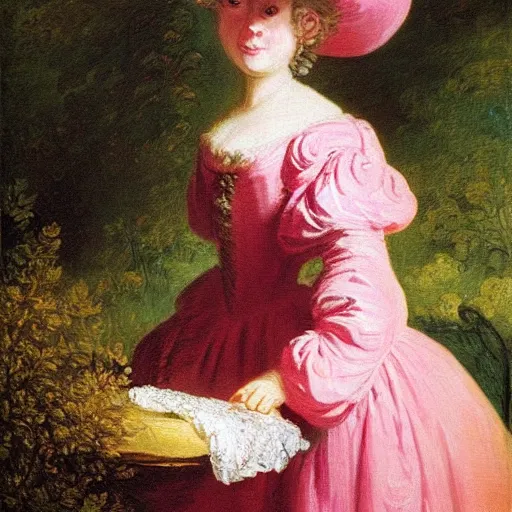 Prompt: “ fragonard oil painting, woman in garden in pink dress and hat, 1 7 0 0 s ”