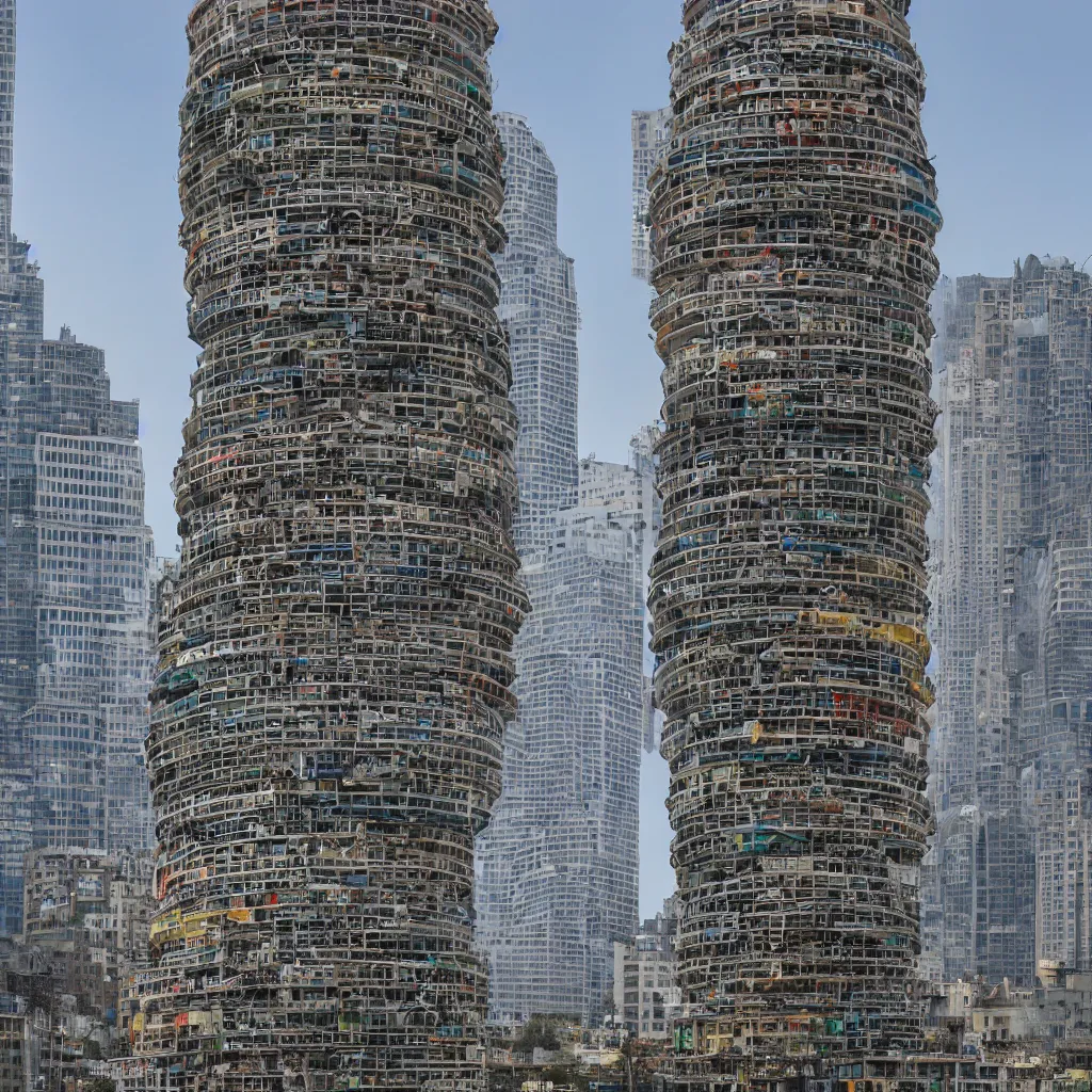 Image similar to a circular tower, made up of colourful makeshift squatter shacks in city downtown, dystopia, sony a 7 r 3, f 1 1, fully frontal view, ultra detailed, photographed by hiroshi sugimoto and,