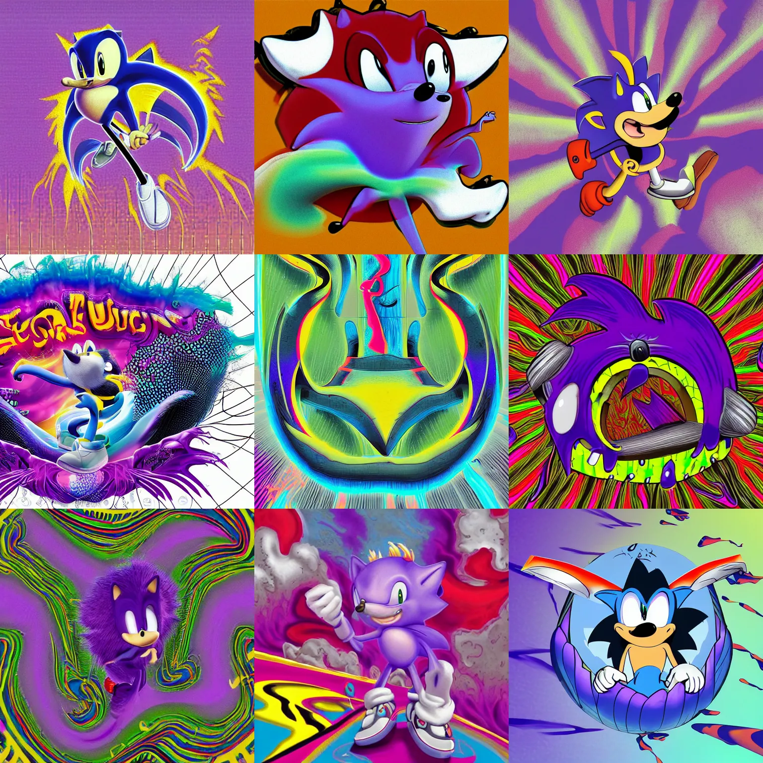 Prompt: surreal, faded, totally radical drop shadow detailed professional, high quality airbrush art MGMT album cover of a liquid dissolving LSD DMT sonic the hedgehog on a flat purple checkerboard plane, 1990s 1992 prerendered graphics raytraced phong shaded album cover, in the style of John Kricfalusi