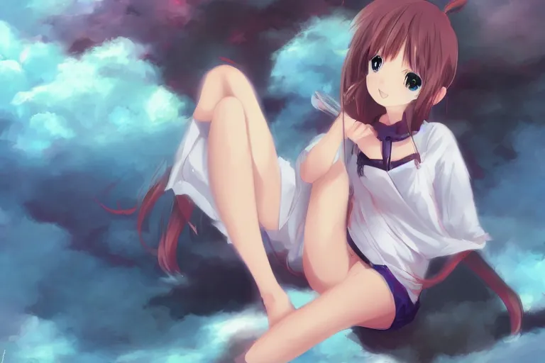 Image similar to a cute anime girl sitting on a cloud, digital painting, anime, portrait