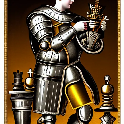 Prompt: neoclassical portrait of medieval knight playing chess, mowhawk, highly intricate steampunk, chess knight