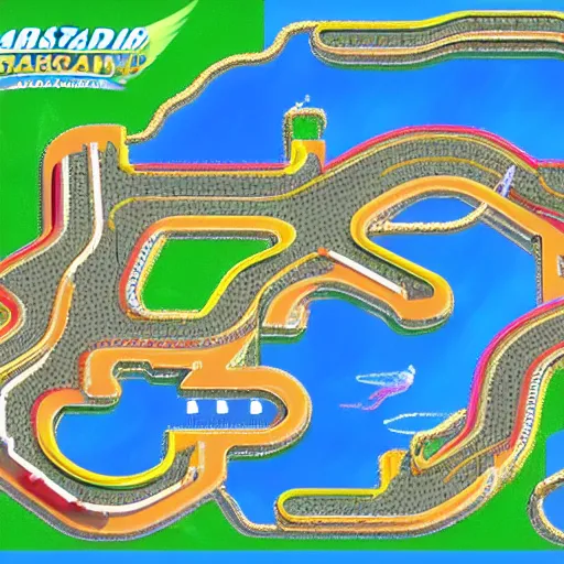 Image similar to Atlantis underwater kingdom world top down fzero wave racer 64 racetrack layout. Mario kart looping racetrack F1 race trail diagram.