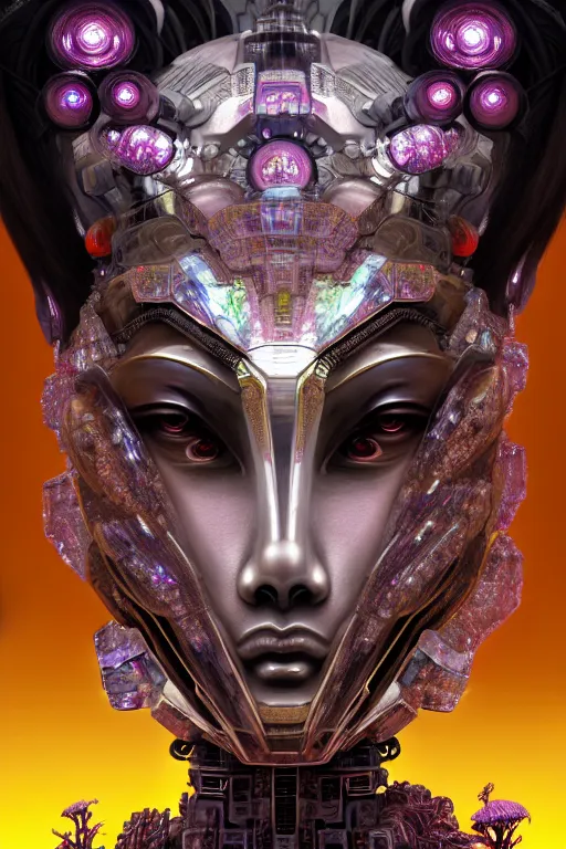 Image similar to asura from chinese myth, ghost, gorgeous and huge head ornaments, dystopian, cyberpunk, organic fractal mycelum and fungi, mecha, halfturn portrait of a big crystal face made of crystals half - turn, ominous, intricate, studio, art by anthony macbain + greg rutkowski + alphonse mucha, concept art, 4 k, sharp focus