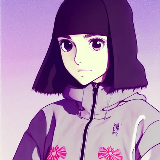 Image similar to a beautiful! boyish! natalie portman alluring gravure! model, wearing oversized aztec bomber jacket and leotard, poofy bomber jacket with mayan patterns, gapmoe yandere grimdark, trending on pixiv fanbox, painted by greg rutkowski makoto shinkai takashi takeuchi studio ghibli, akihiko yoshida