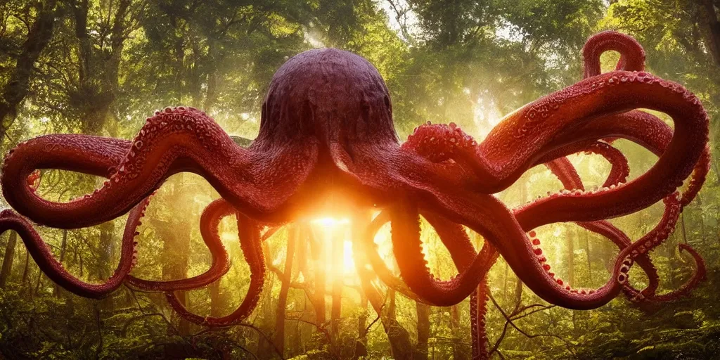 Prompt: a highly detailed giant octopus god floating in the middle of a forest, beautiful ambient light, sun rays hitting the slightly transparent creature, golden hour, 8k photography