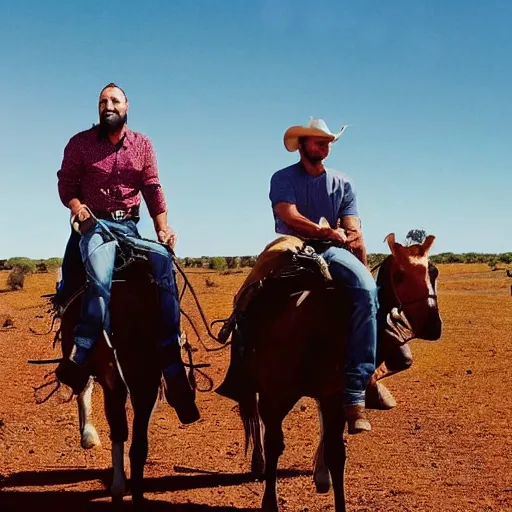 Prompt: brian houston of hillsong church as a cowboy riding a horse as he rounds up cows in the outback, high quality