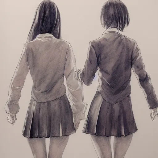 Image similar to a perfect, realistic professional digital sketch of two Japanese schoolgirls posing, in style of Marvel, full length, by pen and watercolor, by a professional American senior artist on ArtStation, a high-quality hollywood-style sketch, on high-quality paper