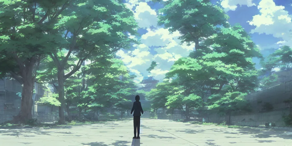 Prompt: a person standing, by Makoto Shinkai