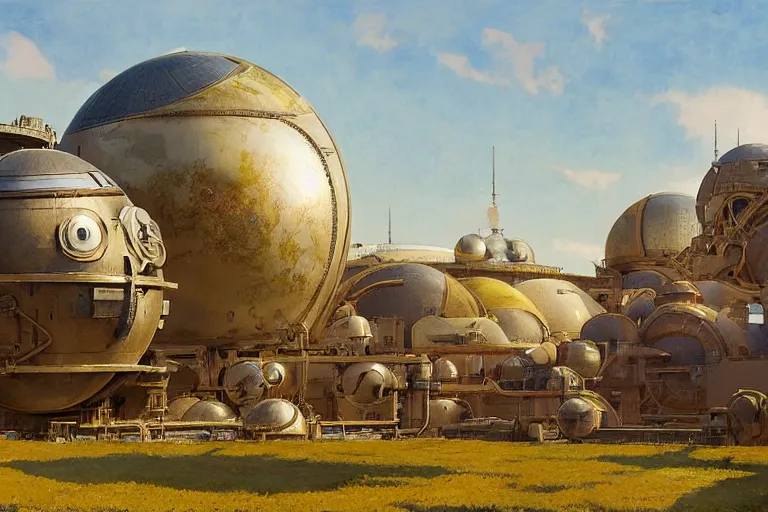 Image similar to a beautiful science fiction factory with a spherical design by starwars and army on a hill in the french countryside during spring season, highly detailed painting by studio ghibli hd and louis remy mignot, leyendecker, craig mullins, nice afternoon lighting, smooth tiny details, soft and clear shadows, low contrast, perfect