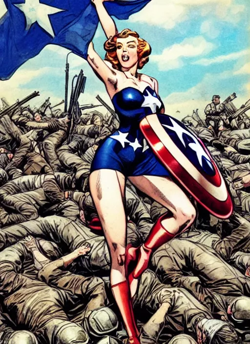 Image similar to beautiful female captain america standing on a pile of defeated german soldiers. feminist captain america wins wwii. american wwii propaganda poster by james gurney. anime.