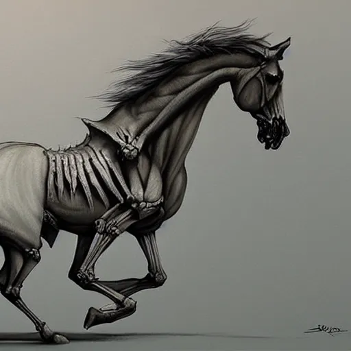 Prompt: a digital painting of a skeleton horse, digital art, by John Howe