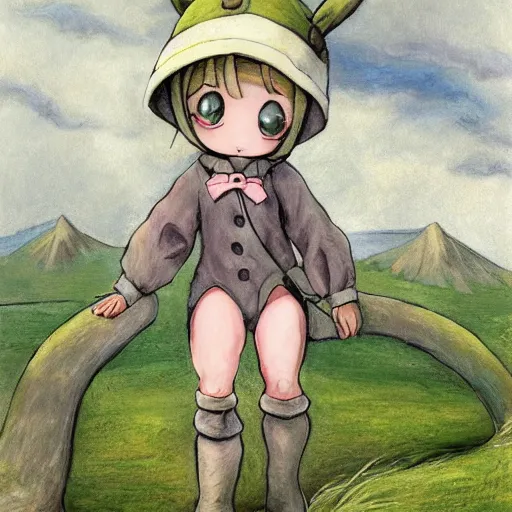 Image similar to little girl, bunny suit, artwork in made in abyss art style, inspired in balthus, clean details, baby color palette, candy, anatomically proportional