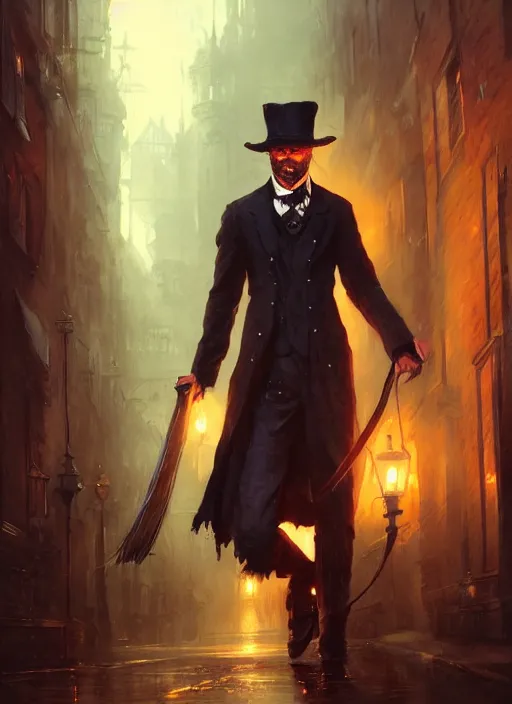 Image similar to highly detailed portrait of jack the ripper, realistic, horror, fantasy art by greg rutkowski, stanley artgerm, loish, rhads, tom bagshaw, global illumination, radiant light, detailed and intricate environment