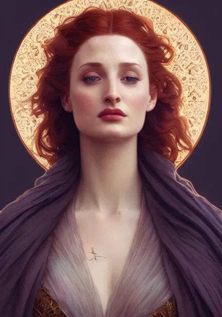 Image similar to sansa angeline jolie gessica chastain, intricate, elegant, highly detailed, digital painting, artstation, concept art, smooth, sharp focus, illustration, art by artgerm and greg rutkowski and alphonse mucha and william - adolphe bouguereau