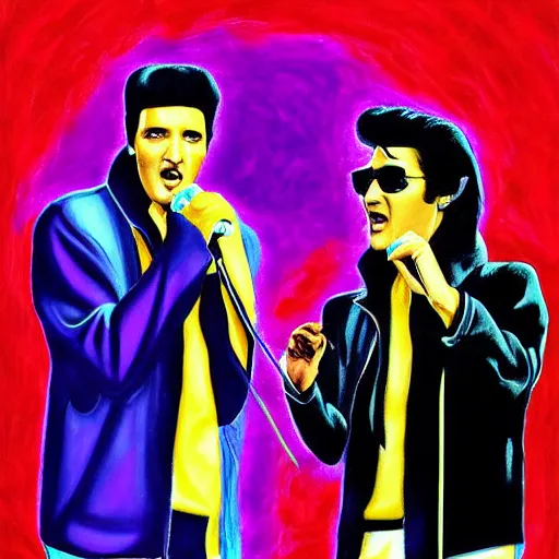 Prompt: elvis presley and snoop dog singing a duet one microphone, detailed, beautiful, colorful, black velvet painting, digital art