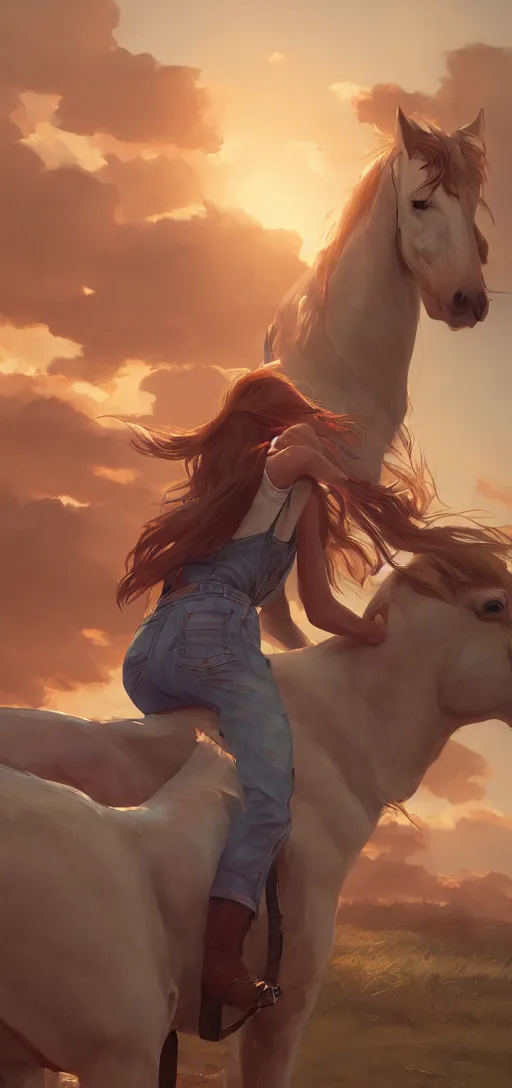 Image similar to southern ginger woman in ripped overalls riding a horse with a white mane, airbrushed, hazy, gentle, soft lighting, wojtek fus, by makoto shinkai and ilya kuvshinov,