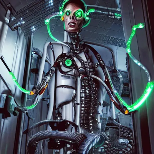 Image similar to the upper torso of a terminator cyborg lady with borg implants, human face and robotic snakes coming out of her head is hanging from cables and wires off the ceiling of a lab. Her bottom half is missing with cables hanging out. She is taking a sip from a cup of coffee. Tiny green led lights in her cybernetics. very detailed 8k. Horror cyberpunk style.