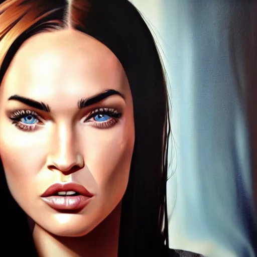 Image similar to megan fox closeup of face. hyperrealistic portrait, photo realistic, poster, artstation, volumetric lighting, digital art, very detailed face by magali villeneuve