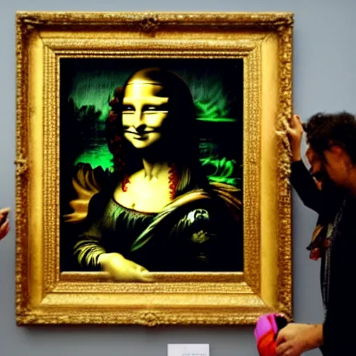 Prompt: banksy tagging the mona-lisa inside the Louvre