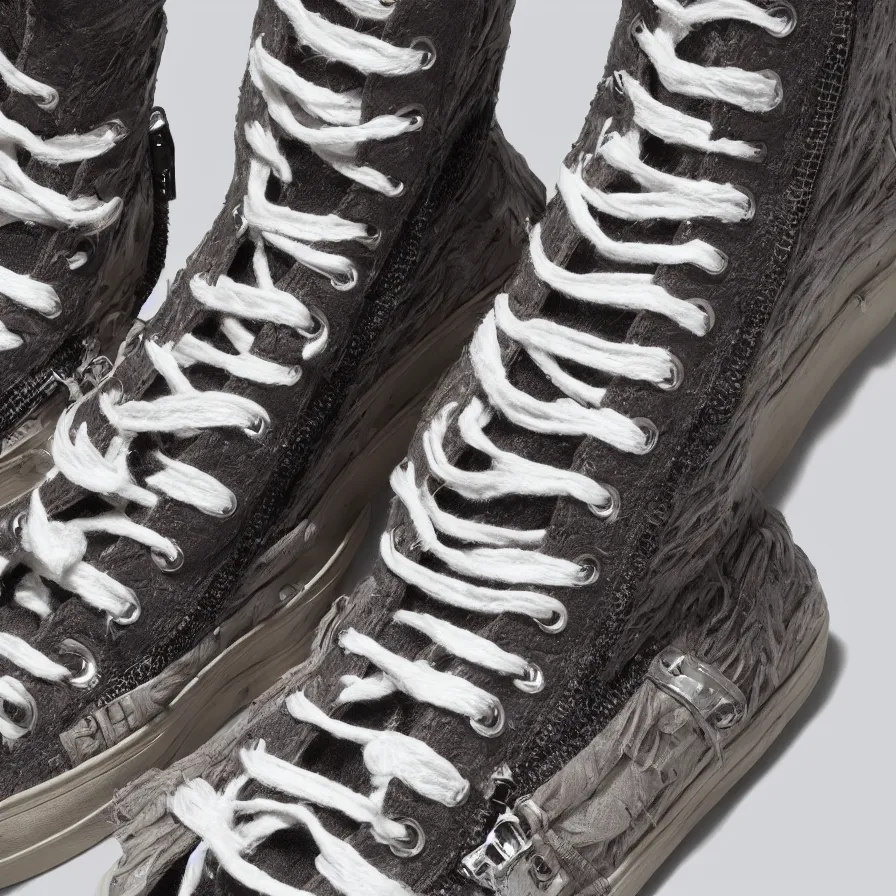 Prompt: hypermaximalist rick owens ramones high - top sneaker, highly detailed and intricate, product photo, 8 k, 5 0 mm, f 3. 4