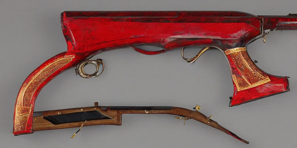 Image similar to a shotgun made from glossy red - painted wood and elements of gold metalwork