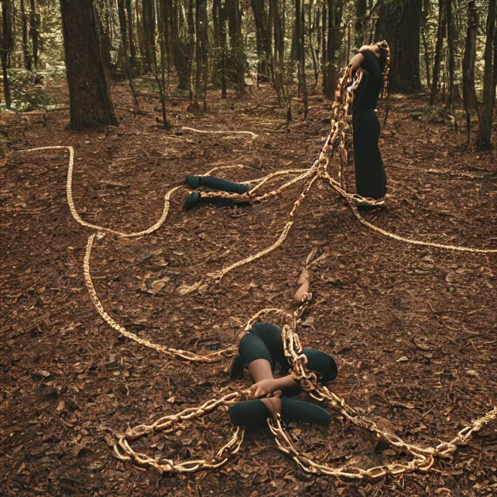 Image similar to a woman wrapped in chains, dragging a pile of chains, in a forest, by Erik Almas, CANON Eos C300, ƒ1.8, 35mm, 8K, medium-format print