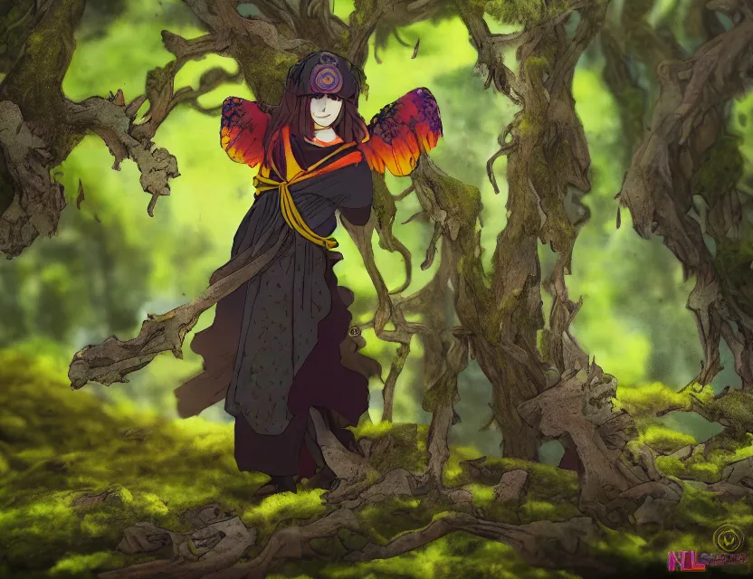 Prompt: female raven yokai in the lichen woods. safe for work, complementary colors, anime still, luminescent, 4 k, chiaroscuro, rimlight.