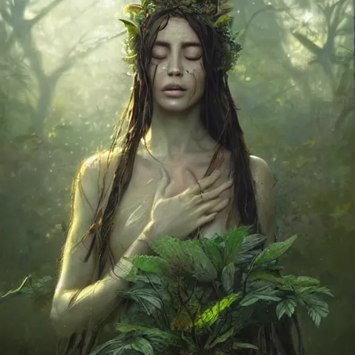 Image similar to a beautiful portrait of a plant goddess with closed eyes by Greg Rutkowski and Raymond Swanland, wet leaves, Trending on Artstation, ultra realistic digital art