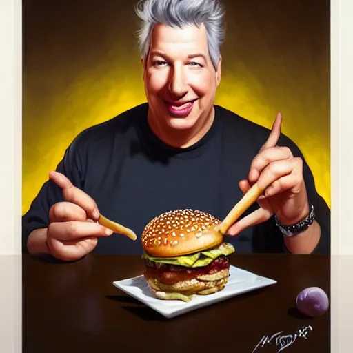 Prompt: portrait of a Marc Summers eating a hamburger, extra onions and ketchup, luscious patty with sesame seeds, masculine, handsome, D&D, fantasy, intricate, elegant, highly detailed, digital painting, artstation, concept art, matte, sharp focus, illustration, art by Artgerm and Greg Rutkowski and Alphonse Mucha