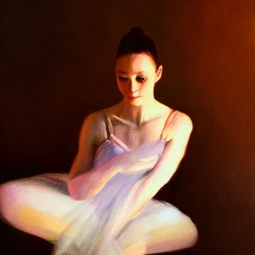 Image similar to portrait of a ballerina, very thick and wet oil paint, 8 k, cinematic light, shadows, reflection highlights in the paint, in the style of joseph lee,