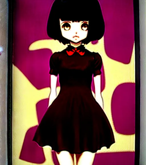 Image similar to girl with morbid thoughts wearing a black spring dress with short brown hair, queen of sharp needles and under the effect of psychosis, by Range Murata, Katsuhiro Otomo, Yoshitaka Amano, Andy Warhol.