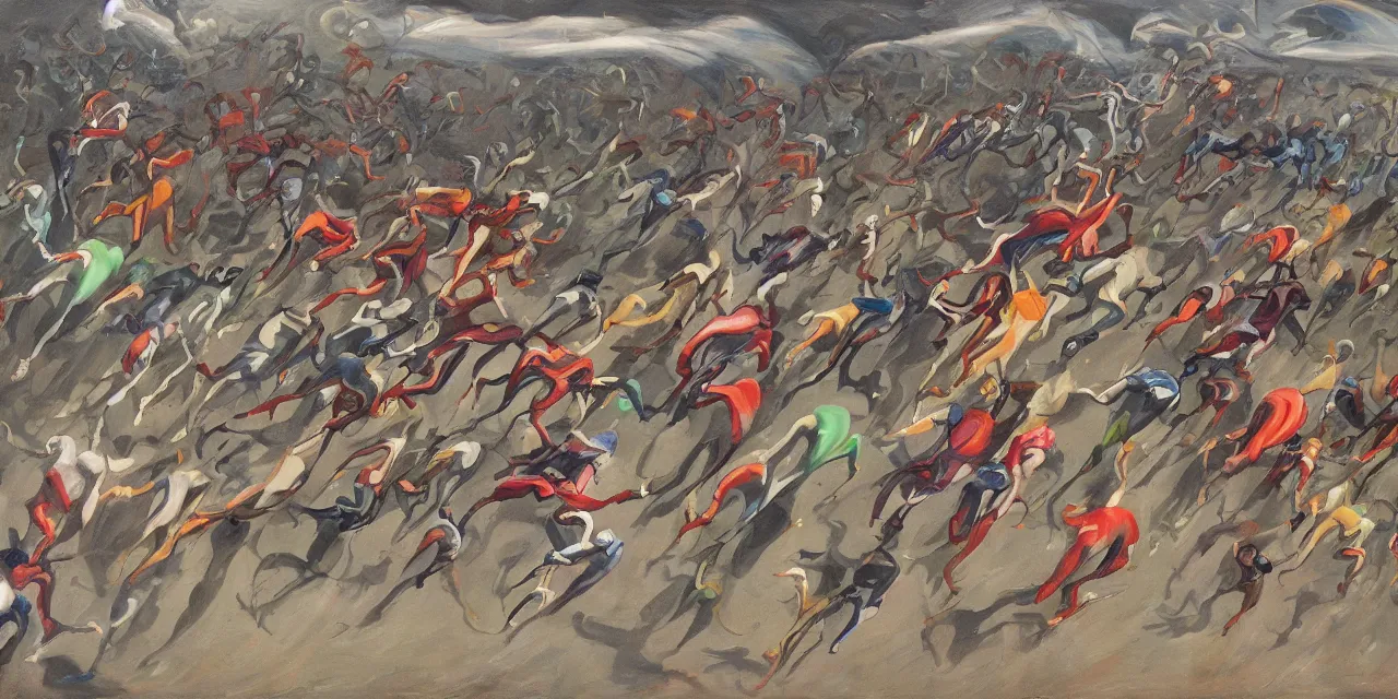 Prompt: flying cephalopods racing towards a crowd of excited humans, race theme future oil on canvas