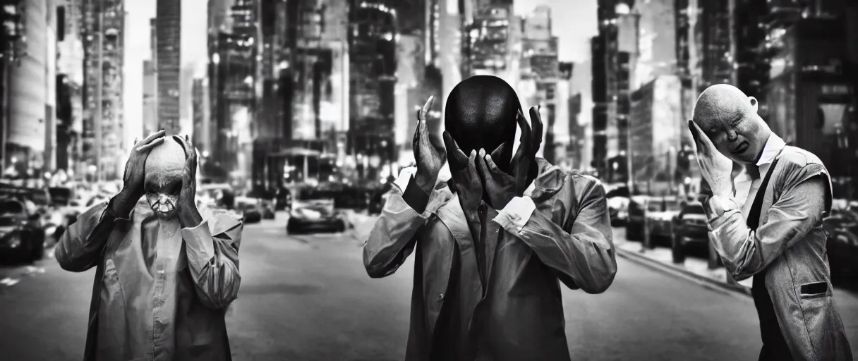 Image similar to super advanced alien doing facepalm when seeing human beings in the city, artistic photo, noir, monochrome, dark atmosphere, commercial photography, studio photography