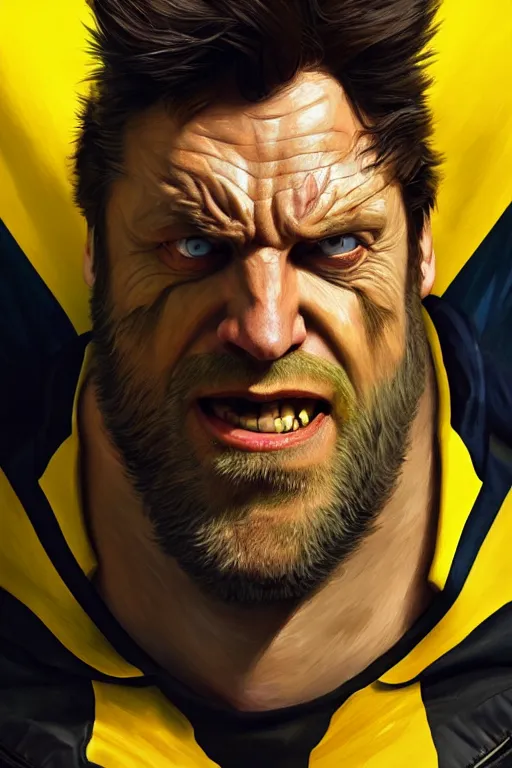 Prompt: Boris Johnson as Wolverine, portrait, yellow X man costume, highly detailed, digital painting, artstation, concept art, smooth, sharp focus, illustration, cinematic lighting, art by artgerm and greg rutkowski and alphonse mucha