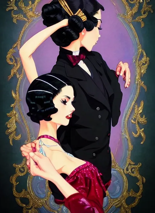 Image similar to a beautiful dancer with black hair in 1930's fashion, ballroom background, intricate, highly detailed, digital painting, artstation, official media, anime key visual, concept art, rich vivid colors, ambient lighting, sharp focus, illustration, art by Artgerm, Makoto Shinkai, Ilya Kuvshinov, Lois Van Baarle, and Rossdraws