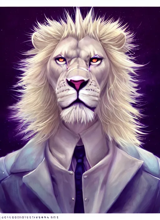 Prompt: aesthetic portrait commission of a of a male fully furry muscular anthro albino lion with a tail and a beautiful attractive hyperdetailed face, wearing stylish and creative wearing school uniform outfit in a sci-fi dystopian city at golden hour while it storms in the background. Character design by charlie bowater, ross tran, artgerm, and makoto shinkai, detailed, inked, western comic book art, 2021 award winning film poster painting