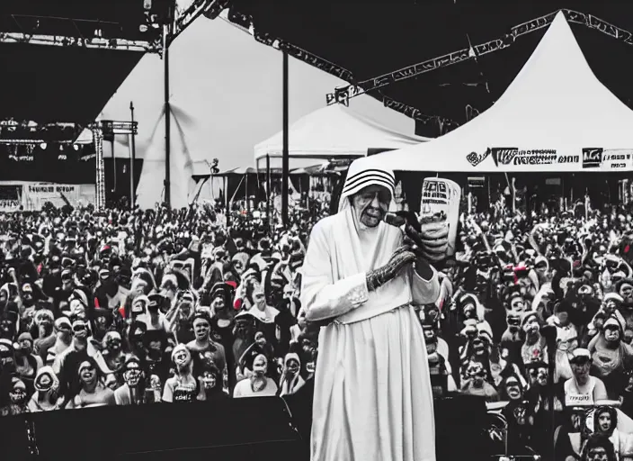 Image similar to photo still of mother teresa on stage at vans warped tour!!!!!!!! at age 5 8 years old 5 8 years of age!!!!!!! throwing roseries to the crowd, 8 k, 8 5 mm f 1. 8, studio lighting, rim light, right side key light