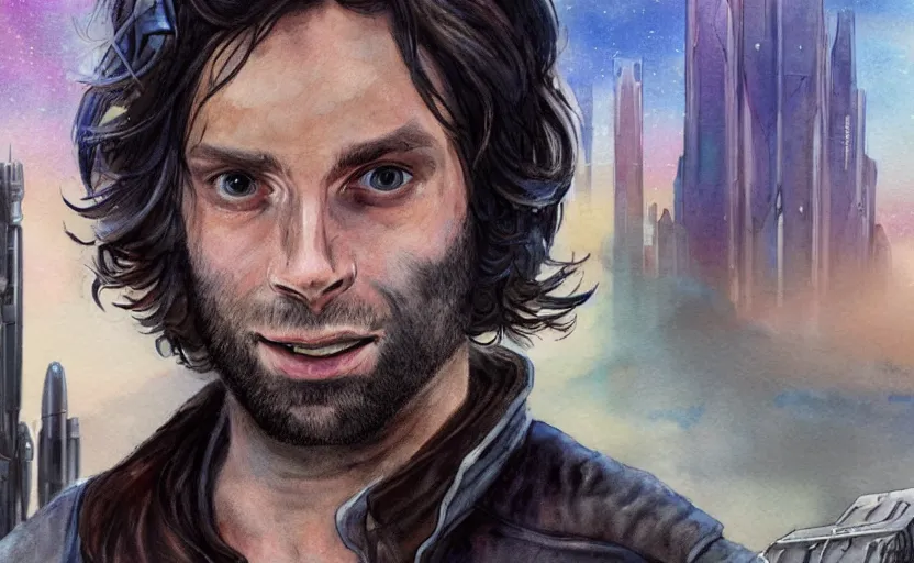 Prompt: a realistic star wars watercolor fantasy concept art of chris d'elia as a drug dealer in a sleazy futuristic city of coruscant, hq, 4 k